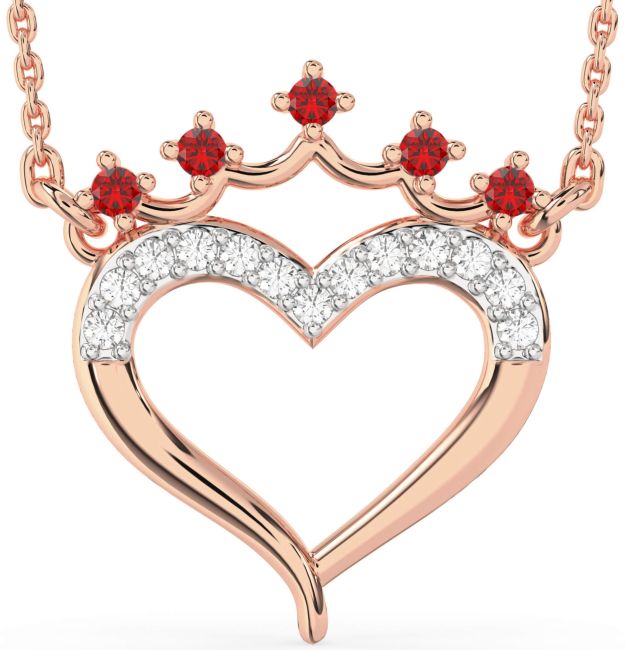 Diamond & Ruby Rose Gold Heart Crown Necklace