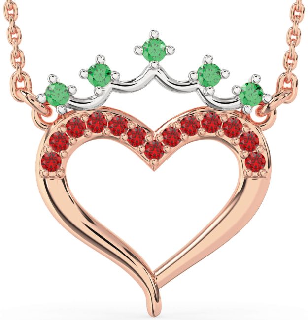 Emerald & Ruby Rose Gold Silver Heart Crown Necklace