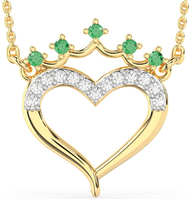 Diamond & Emerald Gold Silver Heart Crown Necklace