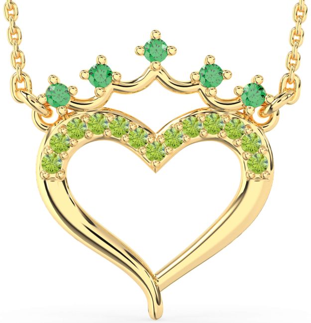 Emerald & Peridot Gold Silver Heart Crown Necklace