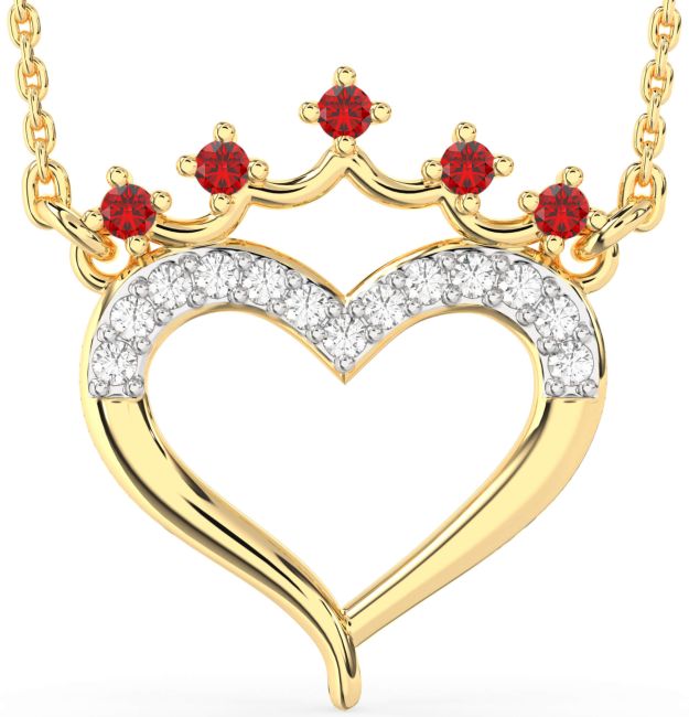 Diamond & Ruby Gold Silver Heart Crown Necklace