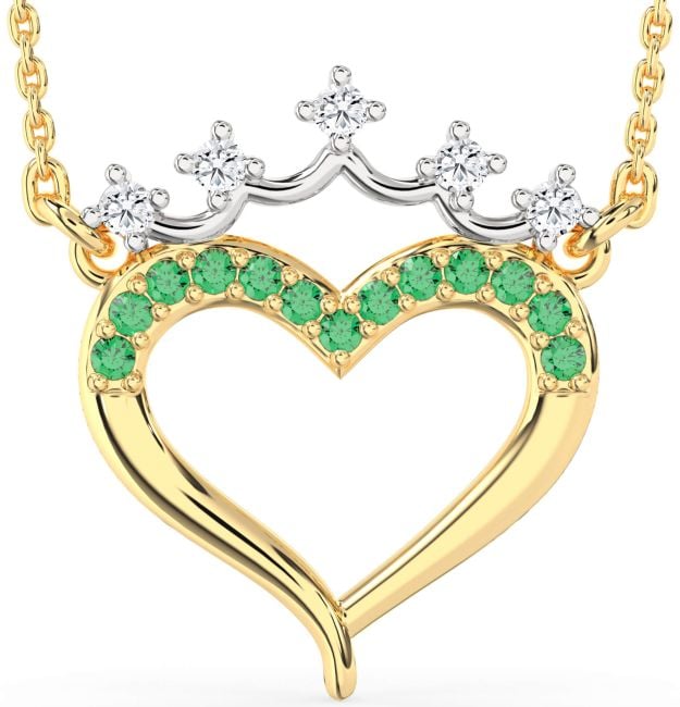 Emerald & Diamond Gold Silver Heart Crown Necklace