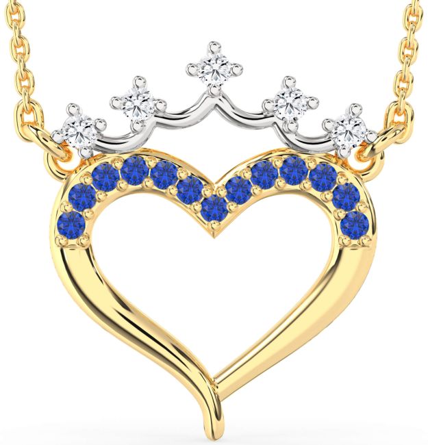 Diamond & Blue Sapphire Gold Silver Heart Crown Necklace
