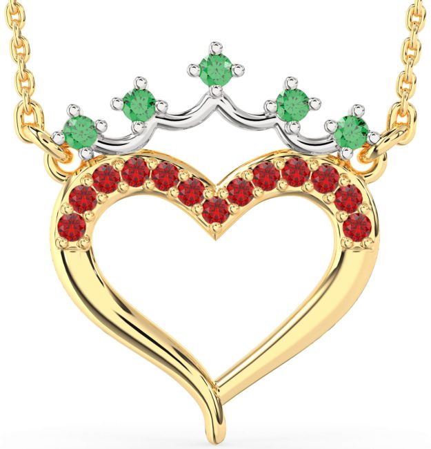 Emerald & Ruby Gold Silver Heart Crown Necklace