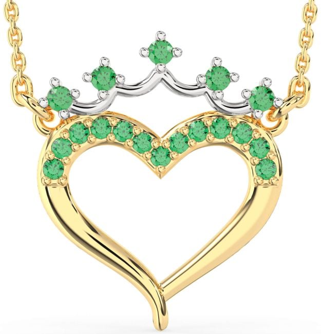 Emerald Gold Silver Heart Crown Necklace