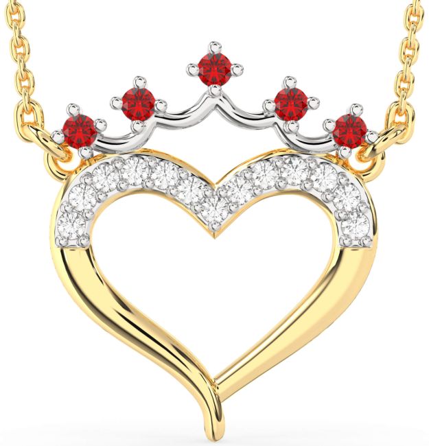 Diamond & Ruby Gold Silver Heart Crown Necklace