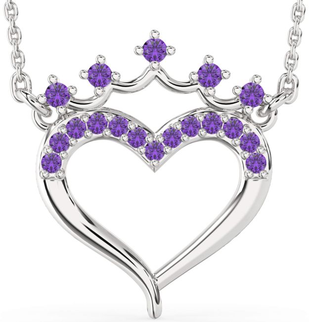 Amethyst Silver Heart Crown Necklace