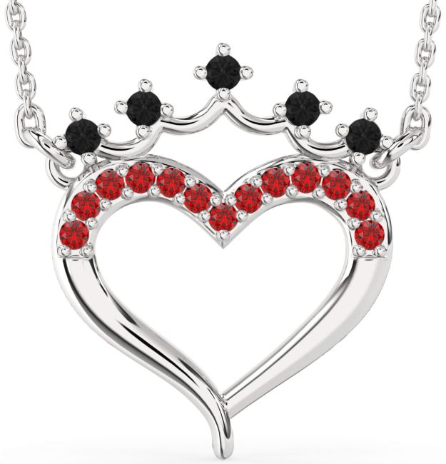 Black Diamond & Ruby Silver Heart Crown Necklace