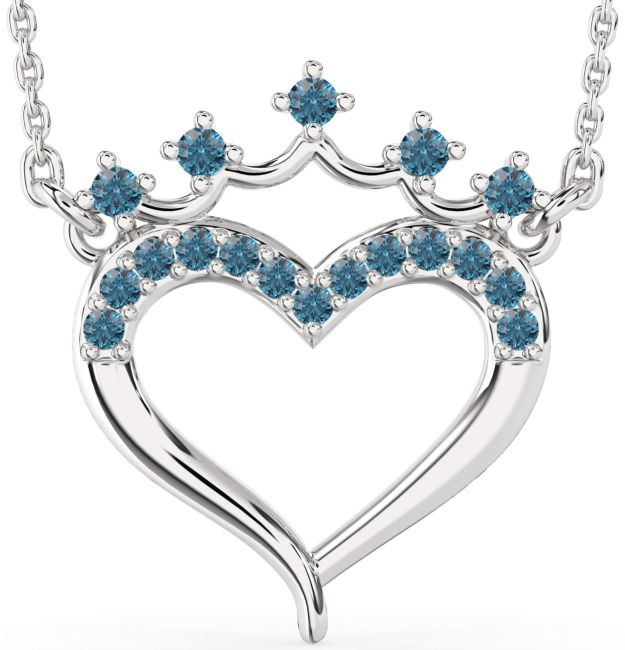 Blue Diamond Silver Heart Crown Necklace