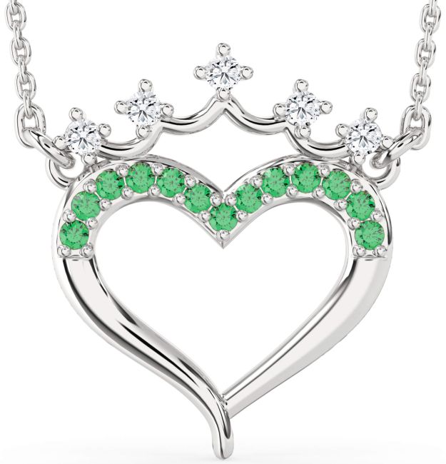 Emerald & Diamond Silver Heart Crown Necklace