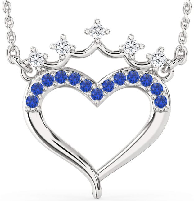 Diamond & Blue Sapphire White Gold Heart Crown Necklace