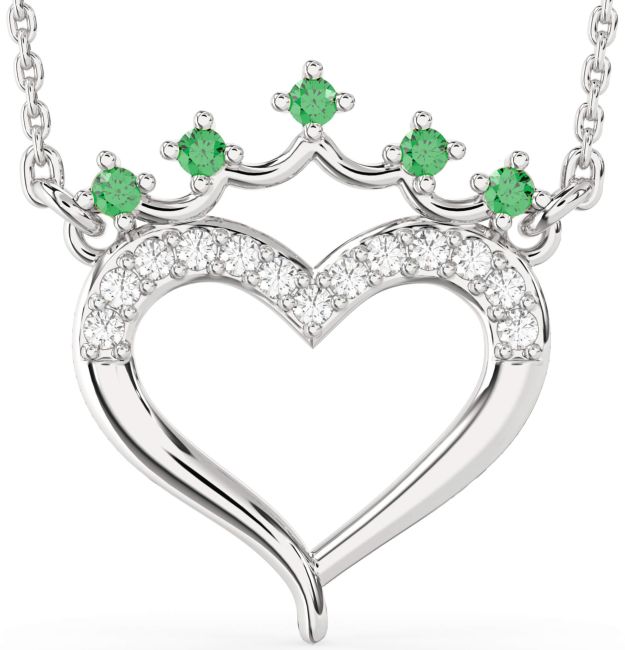 Diamond & Emerald Silver Heart Crown Necklace