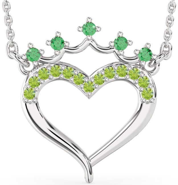 Emerald & Peridot Silver Heart Crown Necklace