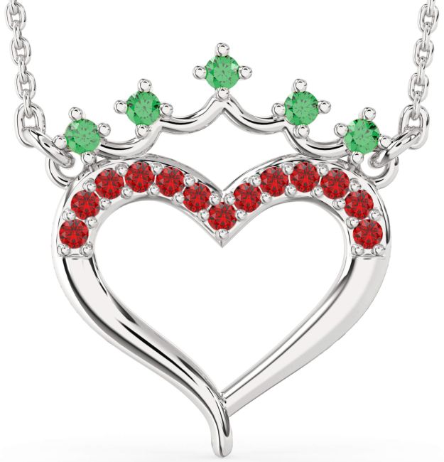 Emerald & Ruby Platinum Heart Crown Necklace