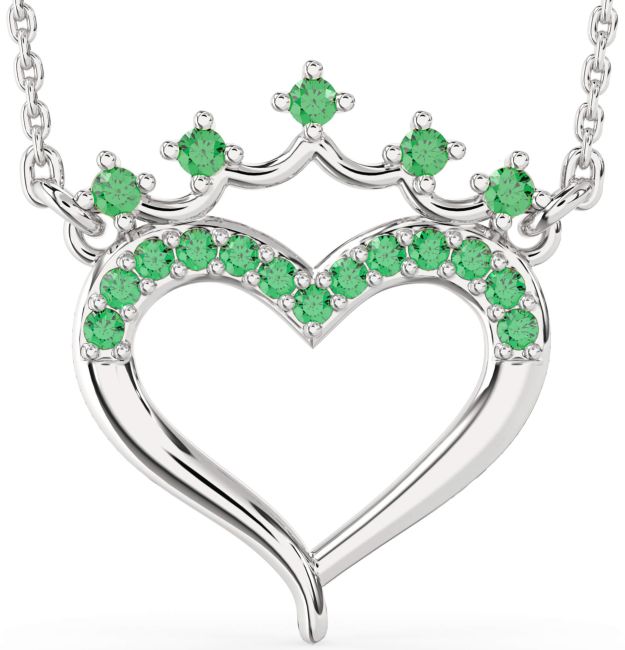 Emerald Silver Heart Crown Necklace