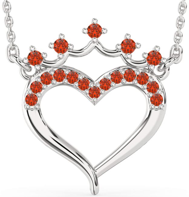 Fire Opal Silver Heart Crown Necklace