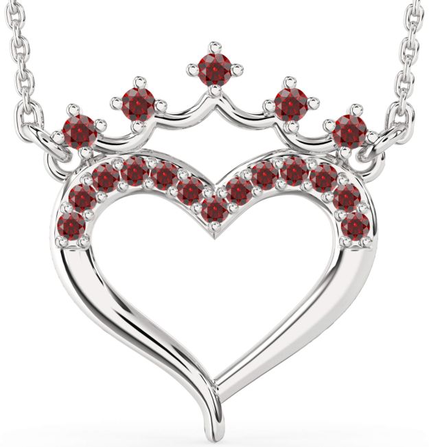Garnet Silver Heart Crown Necklace