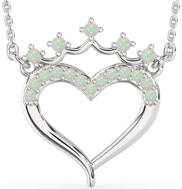 Opal Silver Heart Crown Necklace