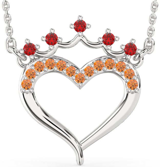 Ruby & Citrine Silver Heart Crown Necklace
