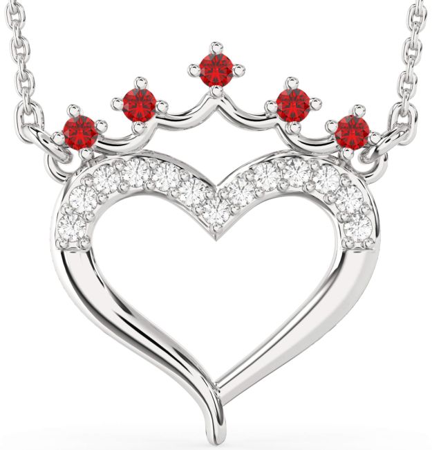 Diamond & Ruby Silver Heart Crown Necklace