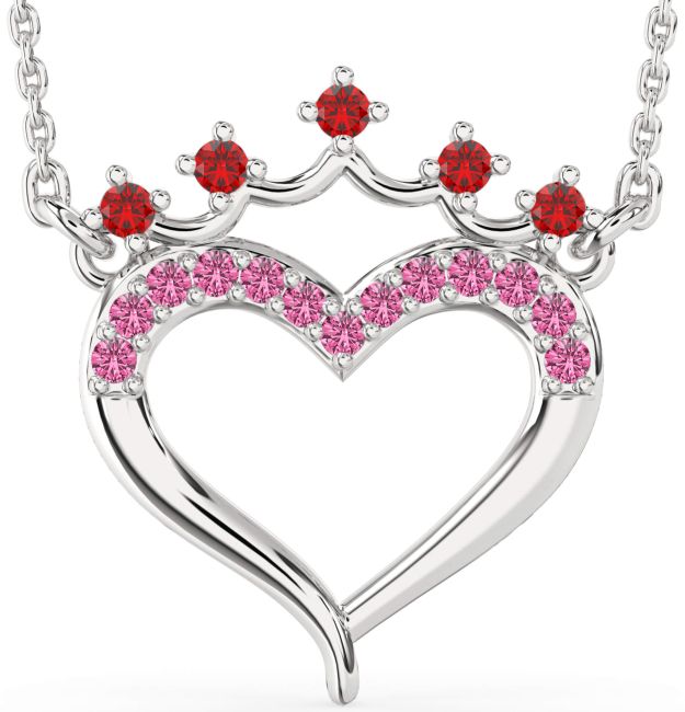 Ruby & Pink Sapphire Silver Heart Crown Necklace