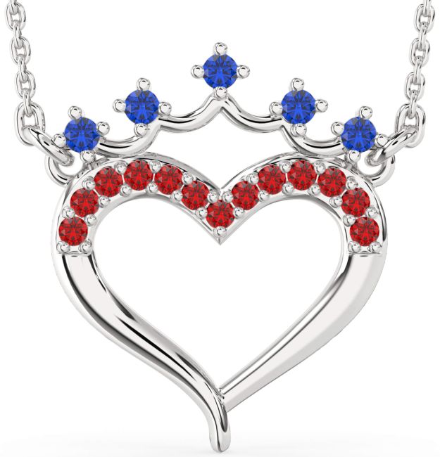 Blue Sapphire & Ruby Silver Heart Crown Necklace
