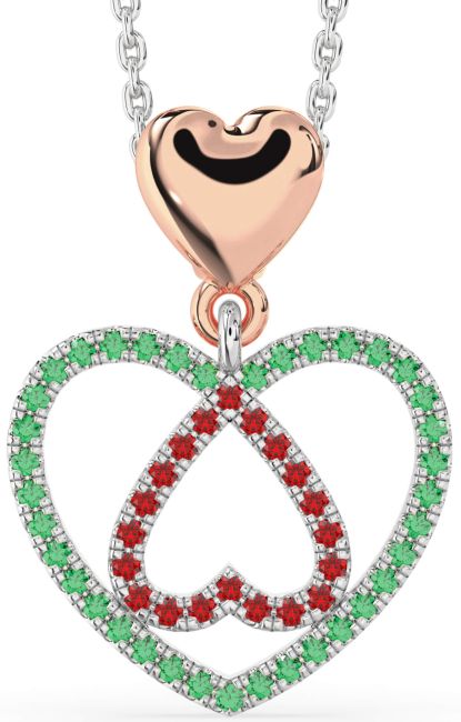 Emerald & Ruby Rose Gold Silver Heart Necklace