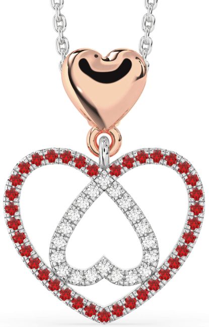 Diamond & Ruby Rose Gold Silver Heart Necklace
