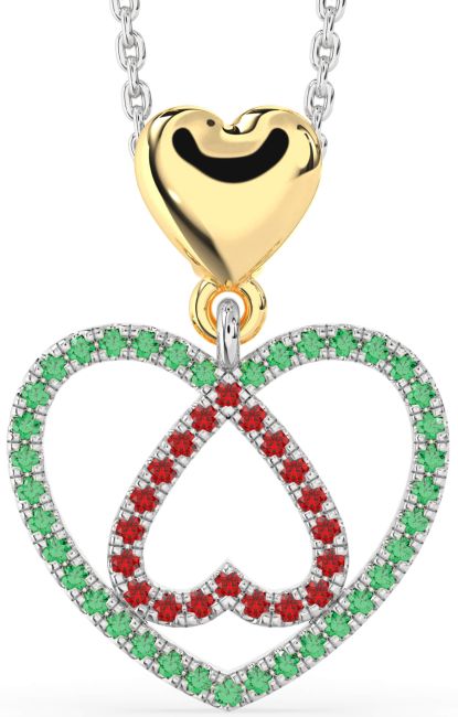 Emerald & Ruby Gold Silver Heart Necklace