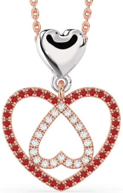 Diamond & Ruby Rose Gold Silver Heart Necklace