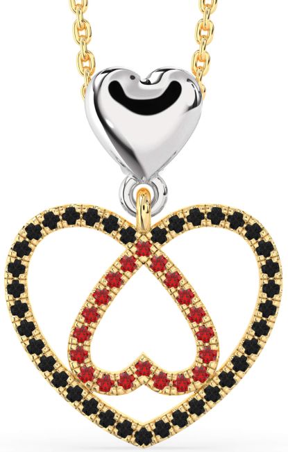 Black Diamond & Ruby Gold Silver Heart Necklace