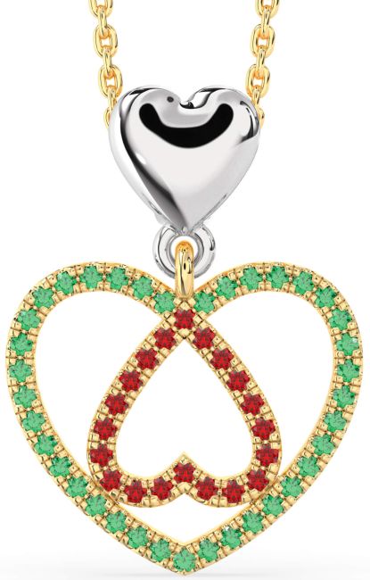 Emerald & Ruby Gold Silver Heart Necklace