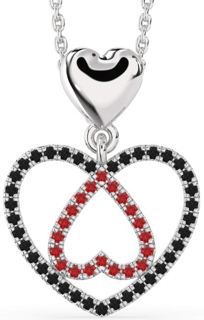 Black Diamond & Ruby Silver Heart Necklace