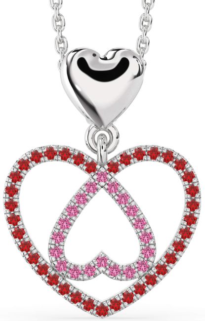 Ruby & Pink Sapphire Silver Heart Necklace