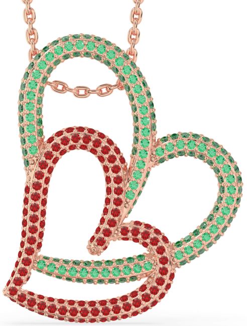 Large Emerald & Ruby Rose Gold Silver Heart Necklace