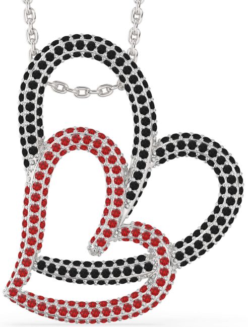 Large Black Diamond & Ruby Silver Heart Necklace