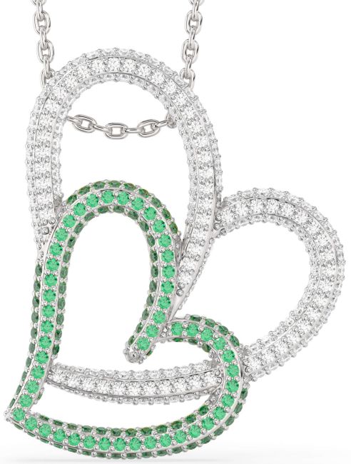 Large Emerald & Diamond Silver Heart Necklace