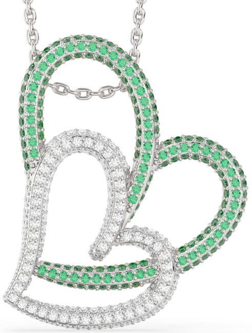 Large Diamond & Emerald Silver Heart Necklace