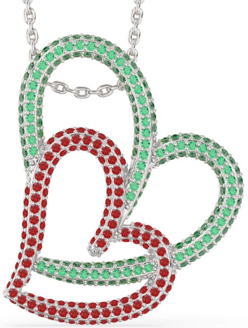 Large Emerald & Ruby Silver Heart Necklace