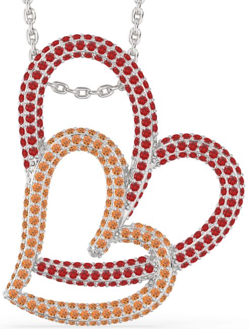 Large Ruby & Citrine Silver Heart Necklace