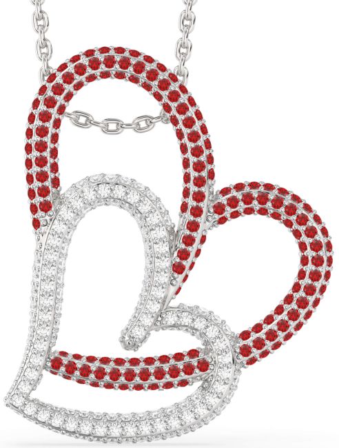 Large Diamond & Ruby Silver Heart Necklace