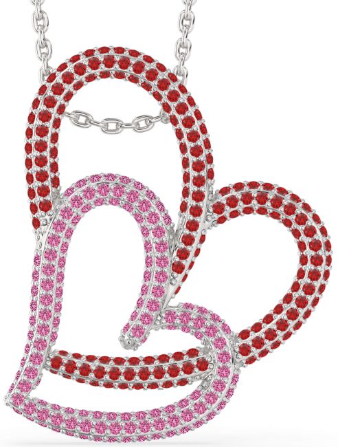 Large Ruby & Pink Sapphire Silver Heart Necklace