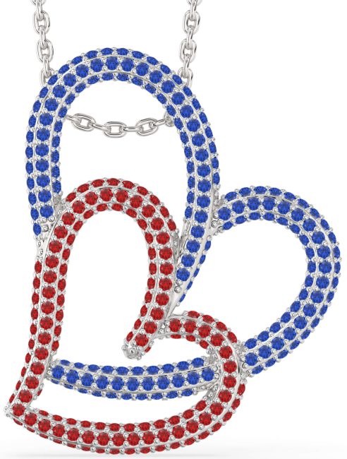 Large Blue Sapphire & Ruby Silver Heart Necklace