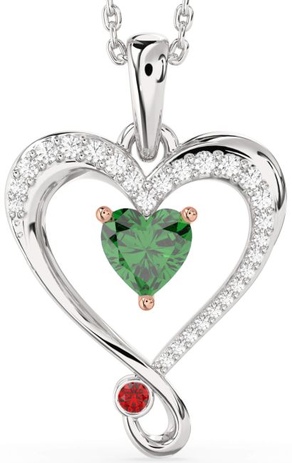 Diamond Emerald & Ruby Rose Gold Silver Heart Necklace