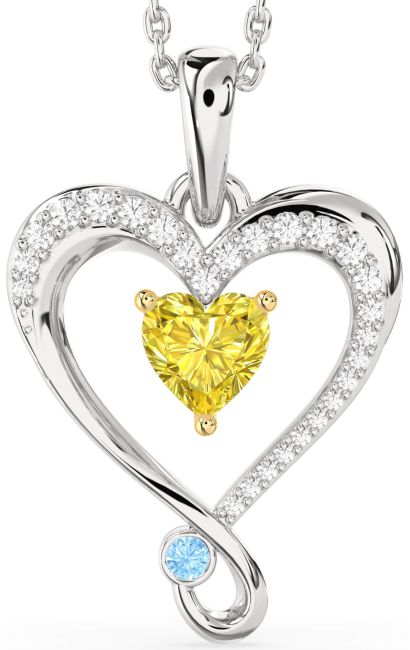 Yellow Diamond & Aquamarine Gold Silver Heart Necklace