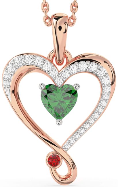 Diamond Emerald & Ruby Rose Gold Silver Heart Necklace