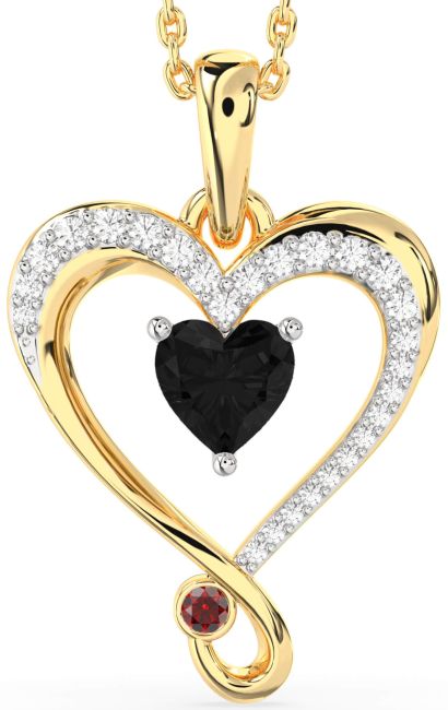 Black Diamond & Ruby Gold Silver Heart Necklace