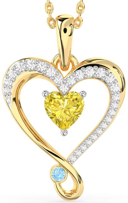 Yellow Diamond & Aquamarine White Yellow Gold Heart Necklace