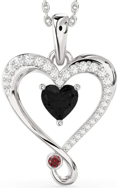 Black Diamond & Ruby Silver Heart Necklace