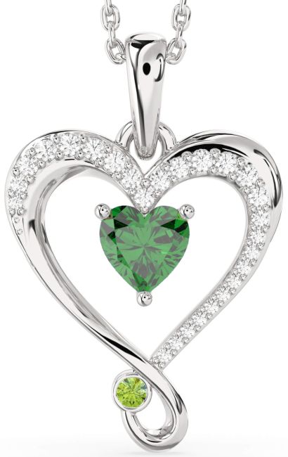Diamond Emerald & Peridot Silver Heart Necklace